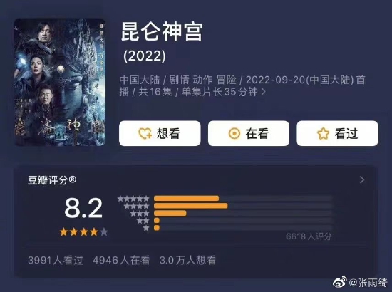 《昆仑神宫》豆瓣开分8.2 潘粤明张雨绮发文感谢